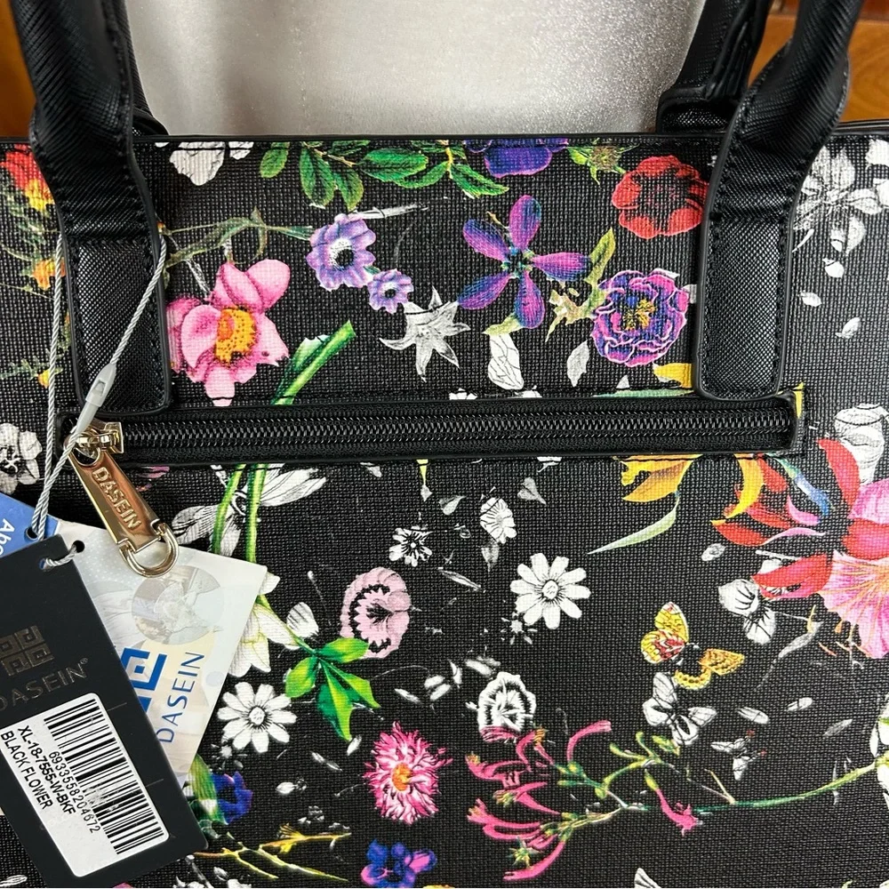 DASEIN Large Vegan Leather Floral Black Flower Satchel Handbag Shoulder Tote